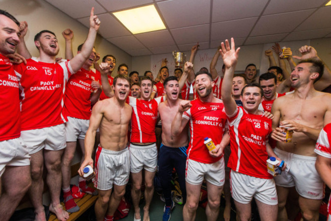 Cuala celebrate winning Dublin Senior Hurling Championship in the dressing rooms after the game