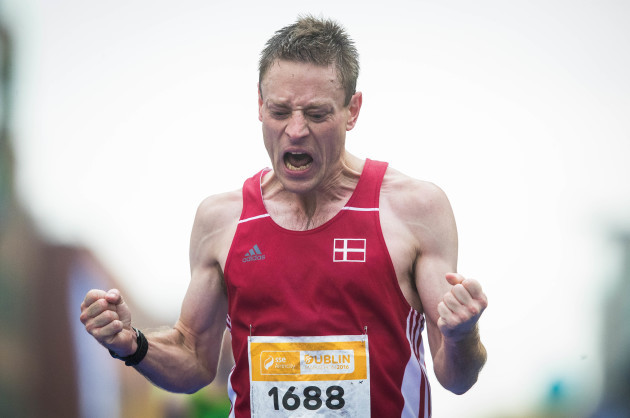 A competitor finishes the Dublin Marathon