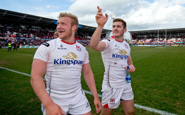 Paddy Jackson and Stuart Olding celebrate after the game
