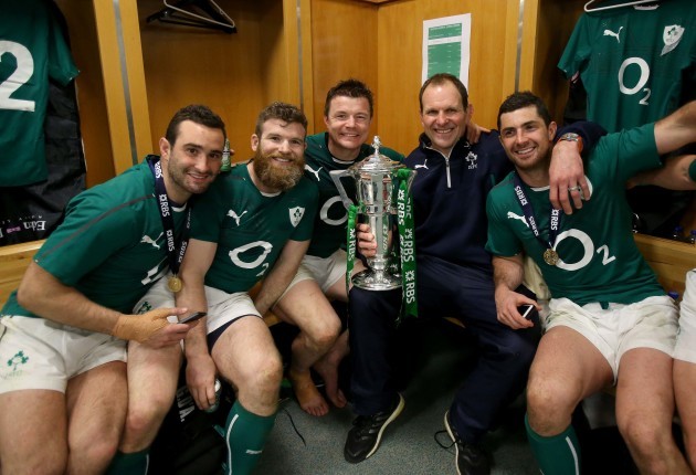 Dave Kearney, Gordon D'Arcy, Brian O'Driscoll, John Plumtree and Rob Kearney celebrate in the dressing room