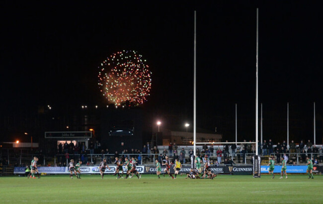 Fireworks go off during the game