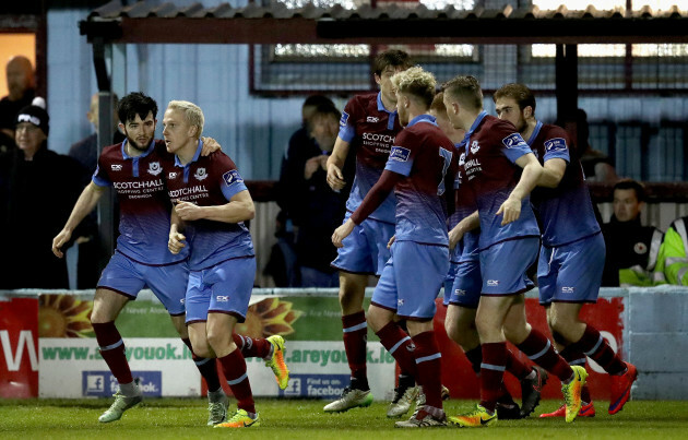 Sean Thorntan celebrates scoring with Adam Wixted