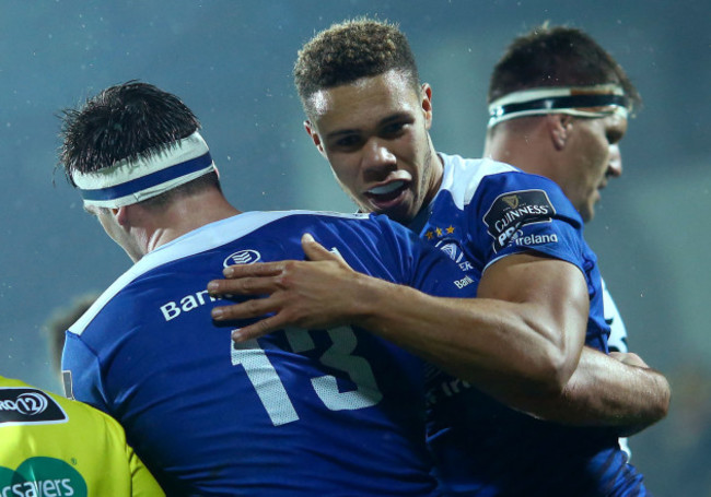 Tom Daly celebrate's his try with Adam Byrne