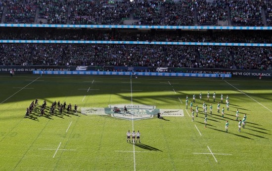 Ireland team face the Haka in a shape of eight in memory of Anthony Foley of Munster