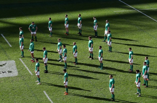 Ireland team face the Haka in a shape of eight in memory of Anthony Foley of Munster