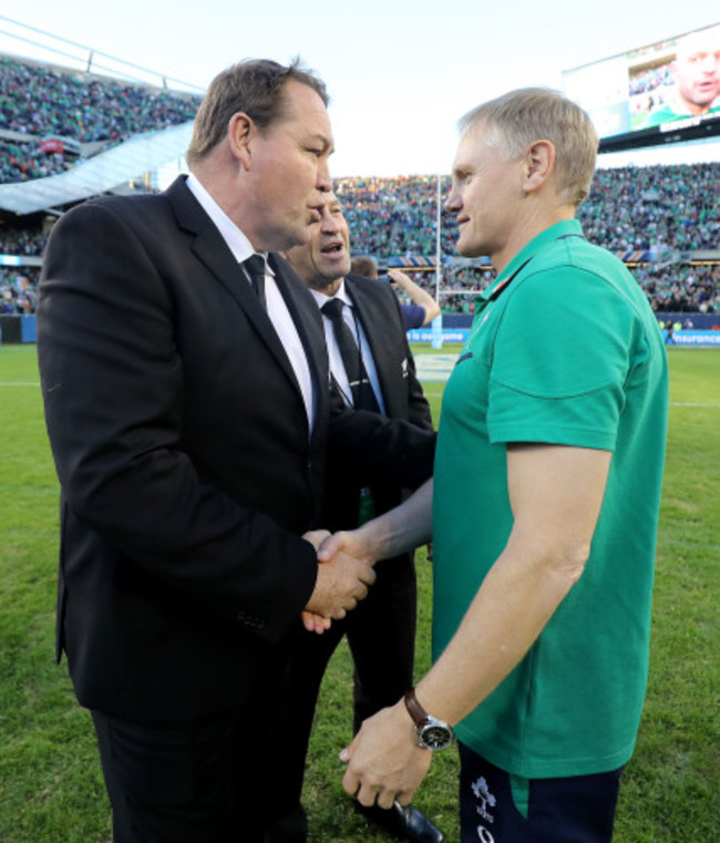 Steve Hansen congratulates Joe Schmidt after the game