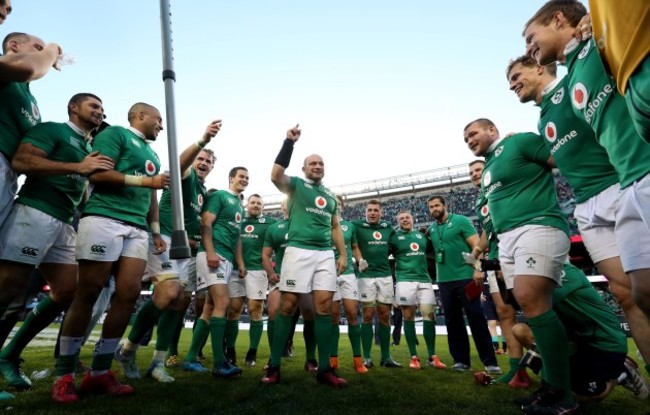 Rory Best speaks to the team after winning