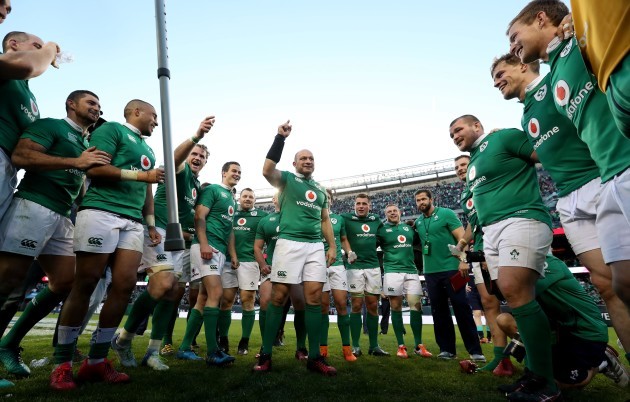 Rory Best speaks to the team after winning