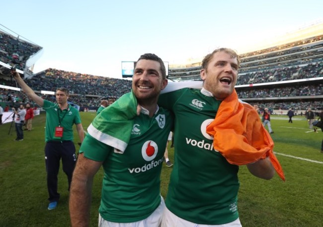 Rob Kearney and Jamie Heaslip celebrate winning