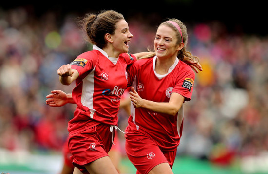 Leanne Kiernan celebrates scoring with Siobhan Killeen