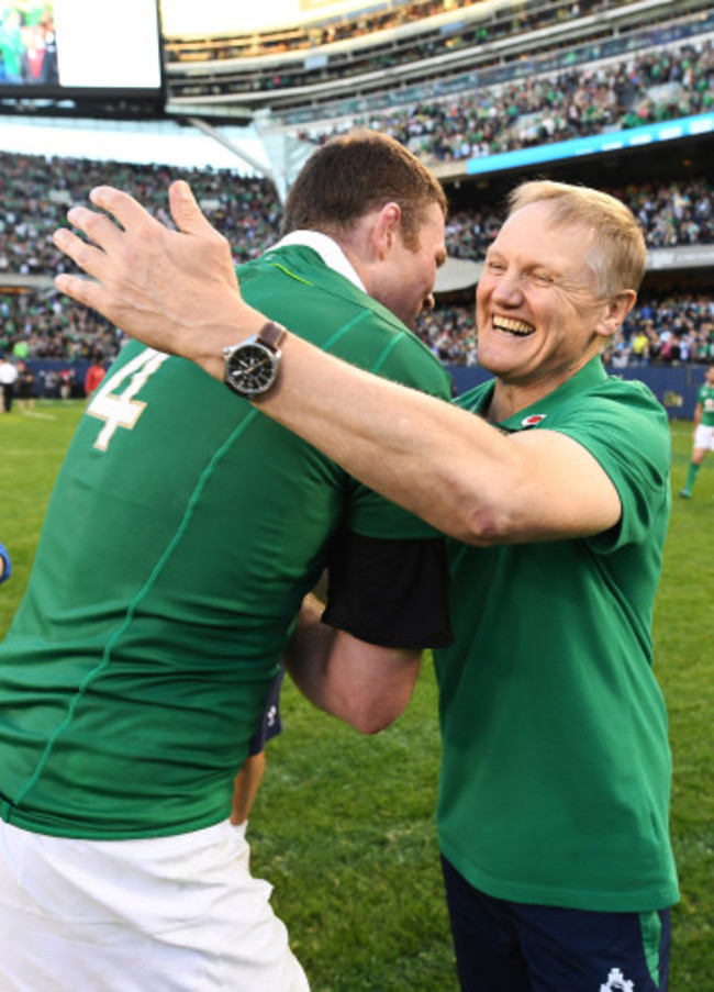 Joe Schmidt celebrates winning with Donnacha Ryan