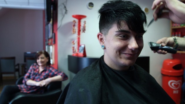 SHAUNA KEOGH - at barbers with her mother Cathy