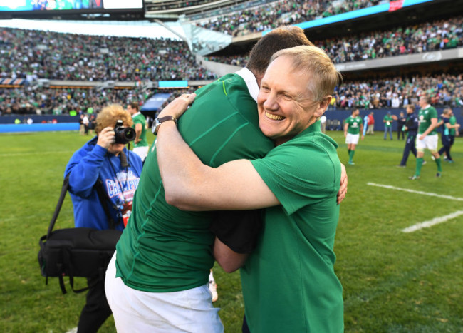Joe Schmidt celebrates winning with Donnacha Ryan