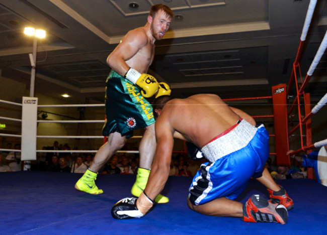 Phil Sutcliffe Jnr knocks down Radoslave Mitev