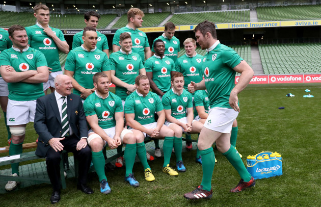 Peter O'Mahony arrives late for the team photograph