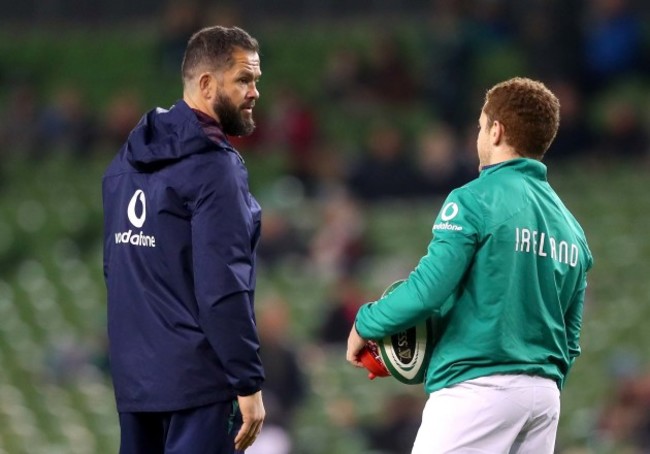 Andy Farrell talks to Paddy Jackson during the warm up