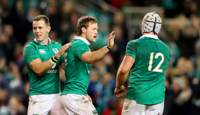 Kieran Marmion celebrates scoring his sides sixth try with Craig Gilroy and Luke Marshall