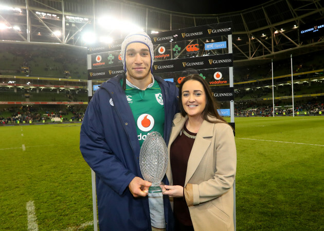 Ultan Dillane presented with the man of the match award by Gemma Bell