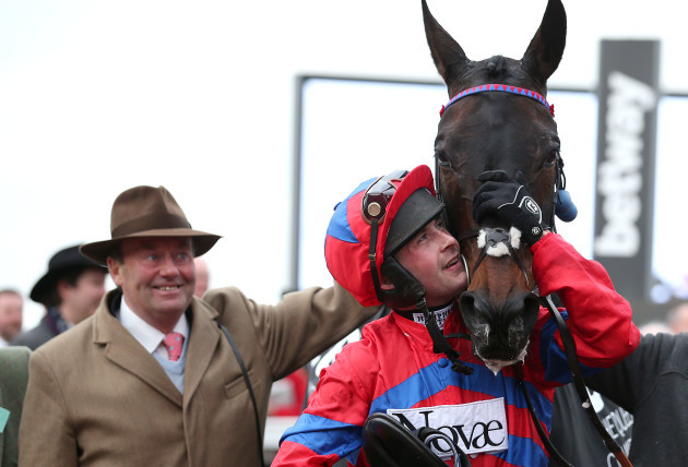 Nico de Joinville celebrates winning with Sprinter Sacre and Nicky Henderson