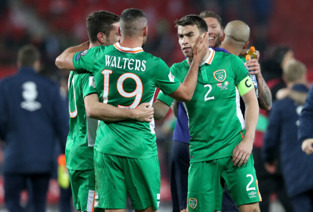 Robbie Brady, John Walters and Seamus Coleman celebrate the win