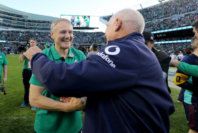 Joe Schmidt and Mick Kearney celebrate winning