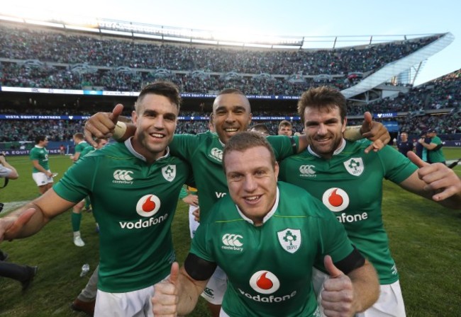 Conor Murray, Simon Zebo, Jared Payne and Sean Cronin celebrate winning