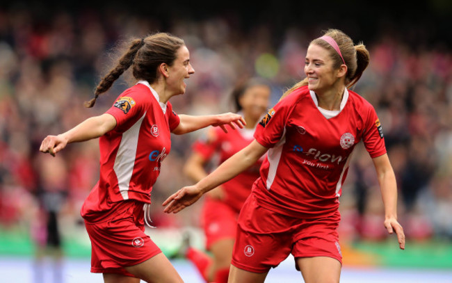 Leanne Kiernan celebrates scoring with Siobhan Killeen