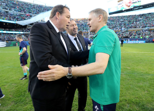 Steve Hansen congratulates Joe Schmidt after the game