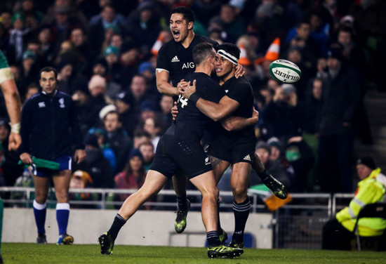 Malakai Fekitoa celebrates scoring a try with Anton Lienert-Brown and Israel Dagg  19/11//2016