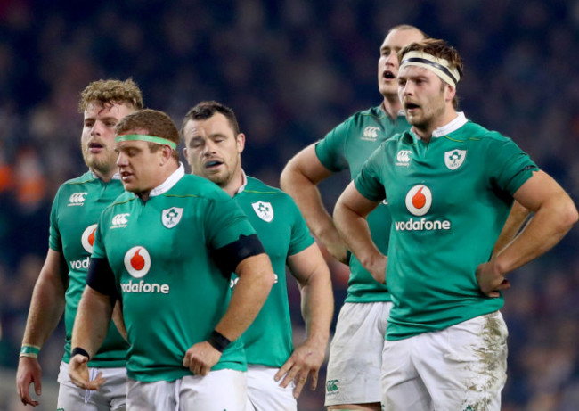 Finlay Bealham, Sean Cronin, Cian Healy, Devin Toner and Iain Henderson dejected