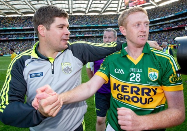 Kerry Manager Eamonn Fitzmaurice celebrates with Colm Cooper