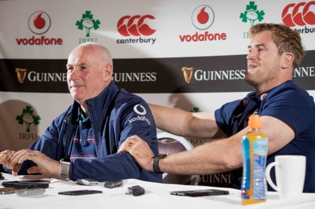 Jamie Heaslip congratulates Mick Kearney on what was his last media engagement before stepping down from the role