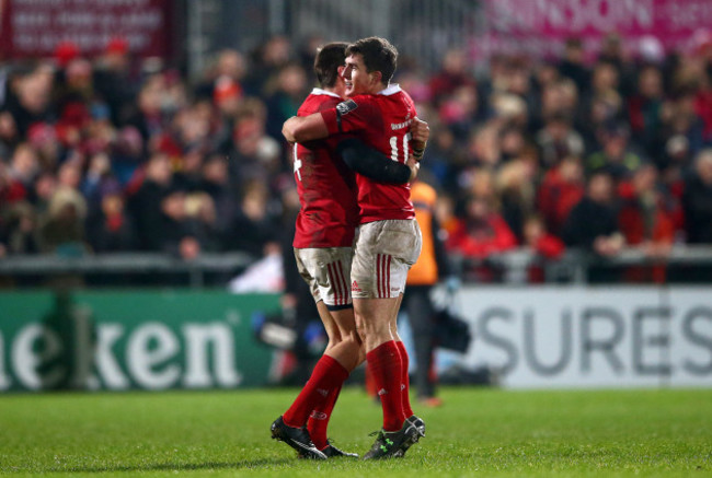 Gerhard van den Heever and Ian Keatley celebrate at the final whistle