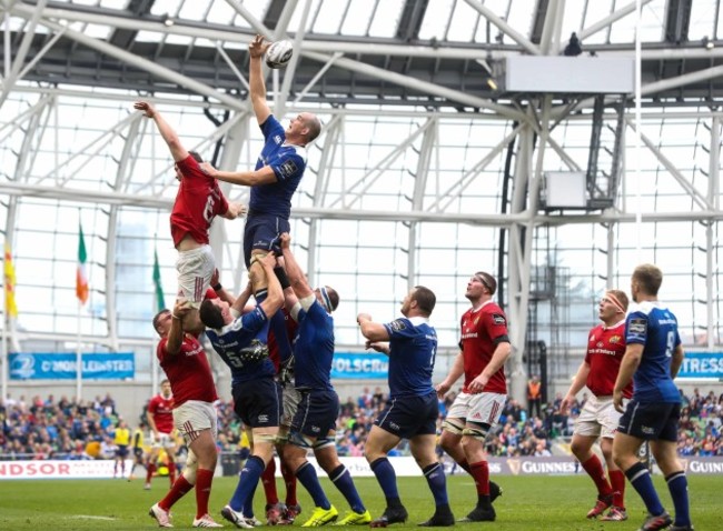 Leinster’s Ian Nagle wins a linnet from Munster’s Peter O’Mahony