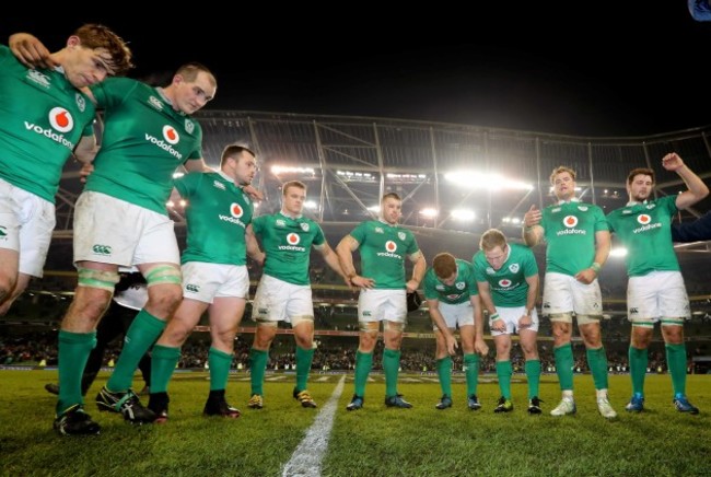 Ireland team huddle Andrew Devin Toner Cian Healy Josh Van der Flier Sean O'Brien Paddy Jackson Kieran Marmion Jamie Heaslip and Iain Henderson