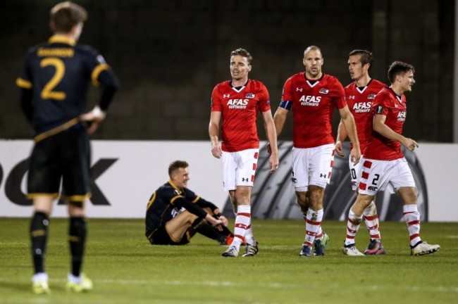 Ben Rienstra, Mattias Johansson, Ron Vlaar and Stijn Wuytens  of AZ Alkmaar celebrate at the final whistle