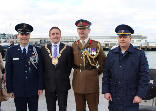 An Cathaoirleach Cllr. Cormac Devlin with (l-r) the US, UK and Russian Defence Attach&eacute;s at the Irish Permanent Defence Forces International Operational Service Medal awards presentation in Dun Laoghaire