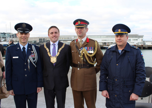 An Cathaoirleach Cllr. Cormac Devlin with (l-r) the US, UK and Russian Defence Attachés at the Irish Permanent Defence Forces International Operational Service Medal awards presentation in Dun Laoghaire