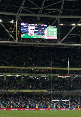 General View of the big screen with the final score and man of the match Josh Van der Flier