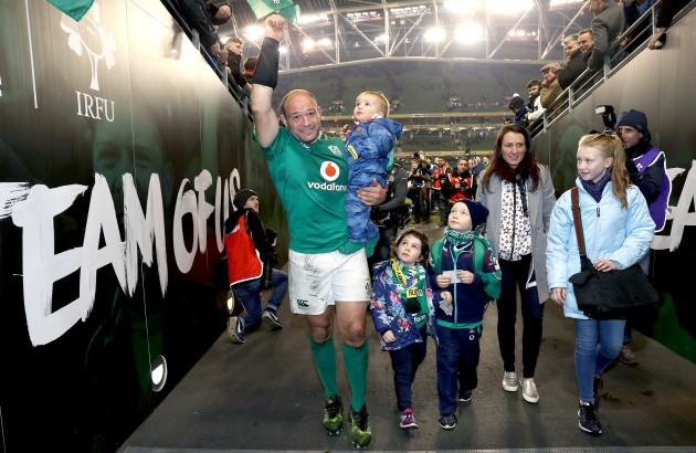Rory Best celebrates with his family after the game