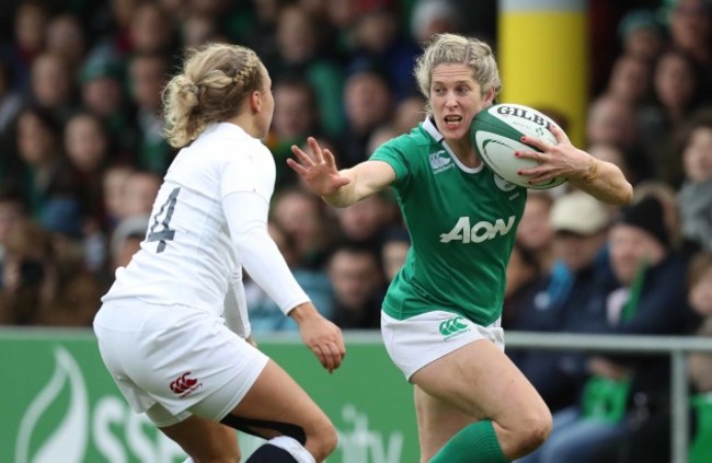 IrelandÕs Alison Miller is tackled by EnglandÕs Kay Wilson