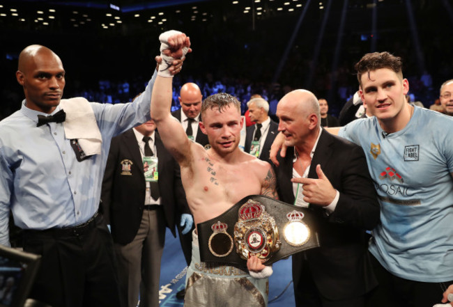 Carl Frampton, Barry McGuigan and Shane McGuigan celebrate