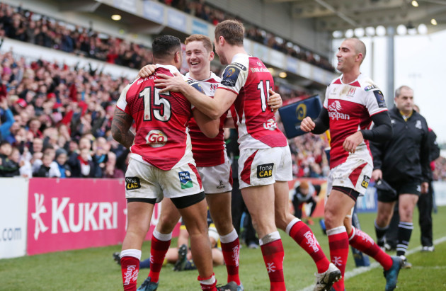 Charles Piutau celebrates scoring a try with Tommy Bowe, Paddy Jackson and Ruan Pienaar