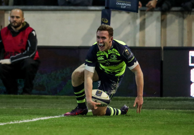 Leinster’s  Rory O’Loughlin scores a try
