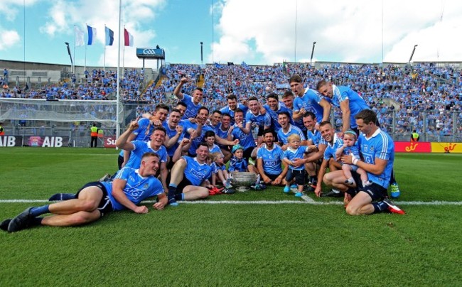 The Dublin players celebrate in front of Hill 16