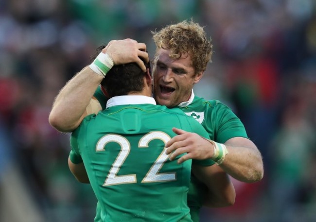 Jamie Heaslip and Joey Carbery celebrate winning