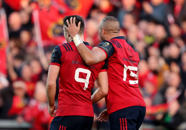 Simon Zebo celebrates scoring their first try with Conor Murray