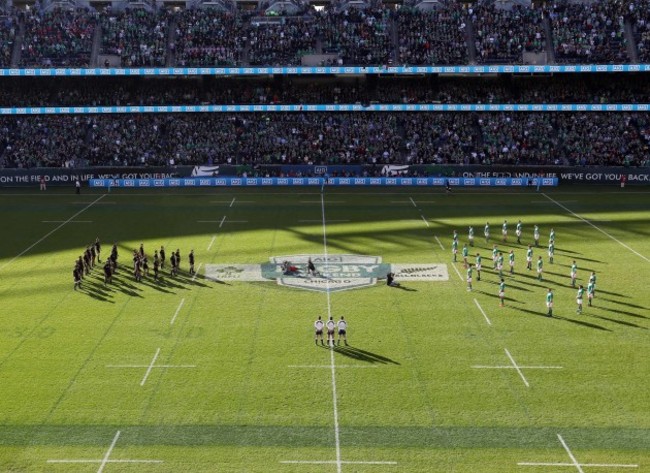 Ireland team face the Haka in a shape of eight in memory of Anthony Foley of Munster