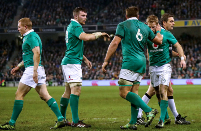 Peter O'Mahony and CJ Stander congratulate Kieran Marmion