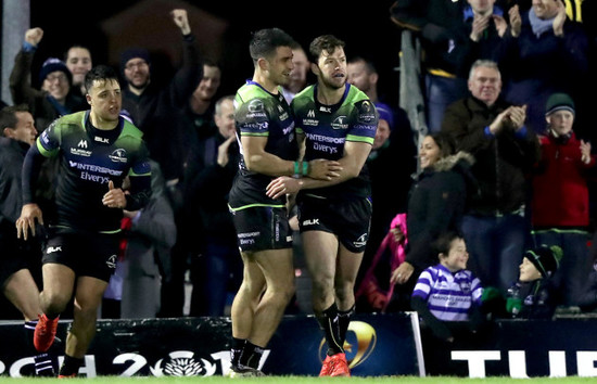 Tiernan OÕHalloran celebrates with try scorer Danie Poolman